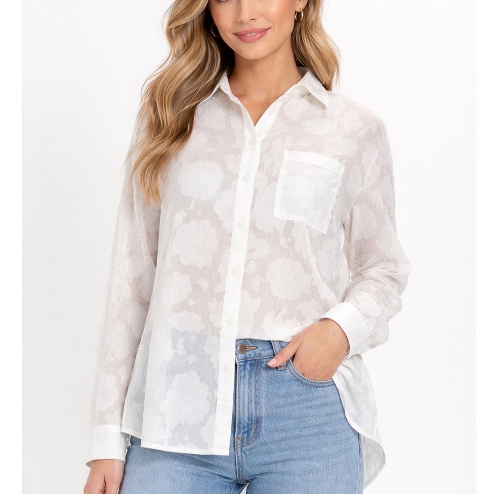 IZURIA Classic White Floral Burnout Sheer Collared Button Down Shirt Top Size L